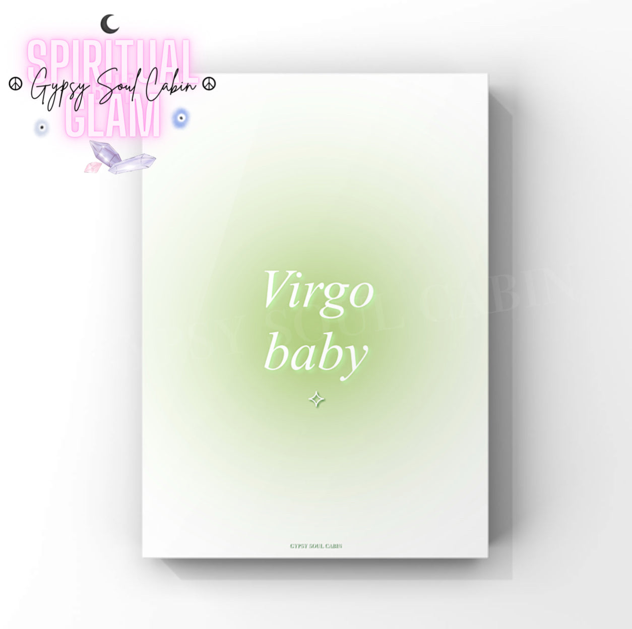 Gypsy Soul Cabin Virgo baby green gradient aura art print with aesthetic spiritual typography and a vibrant green energy design.
