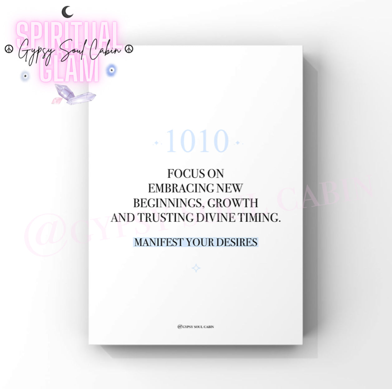 Wall decor print showcasing the inspirational manifestation slogan Trusting Divine Timing alongside the number 1010 in soft blue.