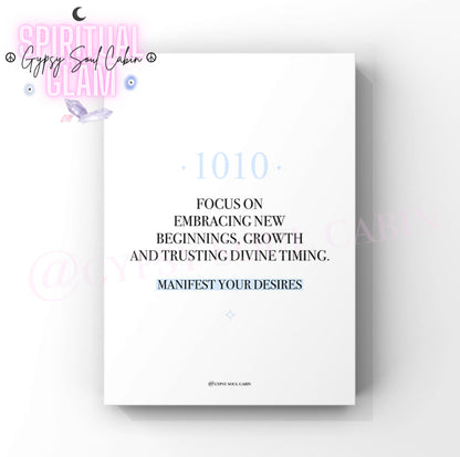 Wall decor print showcasing the inspirational manifestation slogan Trusting Divine Timing alongside the number 1010 in soft blue.