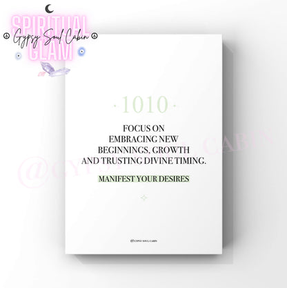 Aesthetic wall art print featuring a minimalist layout with the cosmic quote Focus On Embracing New Beginnings and 1010 in soft sage green.