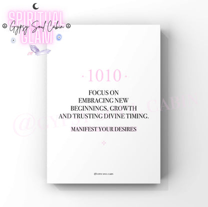 Minimalist cosmic A4 typography print displaying the daily alignment affirmation text Focus On Embracing New Beginnings, Growth And Trusting Divine Timing. Manifest Your Desires with the 1010 angel number highlighted in blocks.