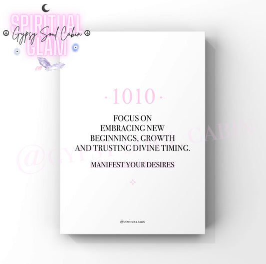 Minimalist cosmic A4 typography print displaying the daily alignment affirmation text Focus On Embracing New Beginnings, Growth And Trusting Divine Timing. Manifest Your Desires with the 1010 angel number highlighted in blocks.