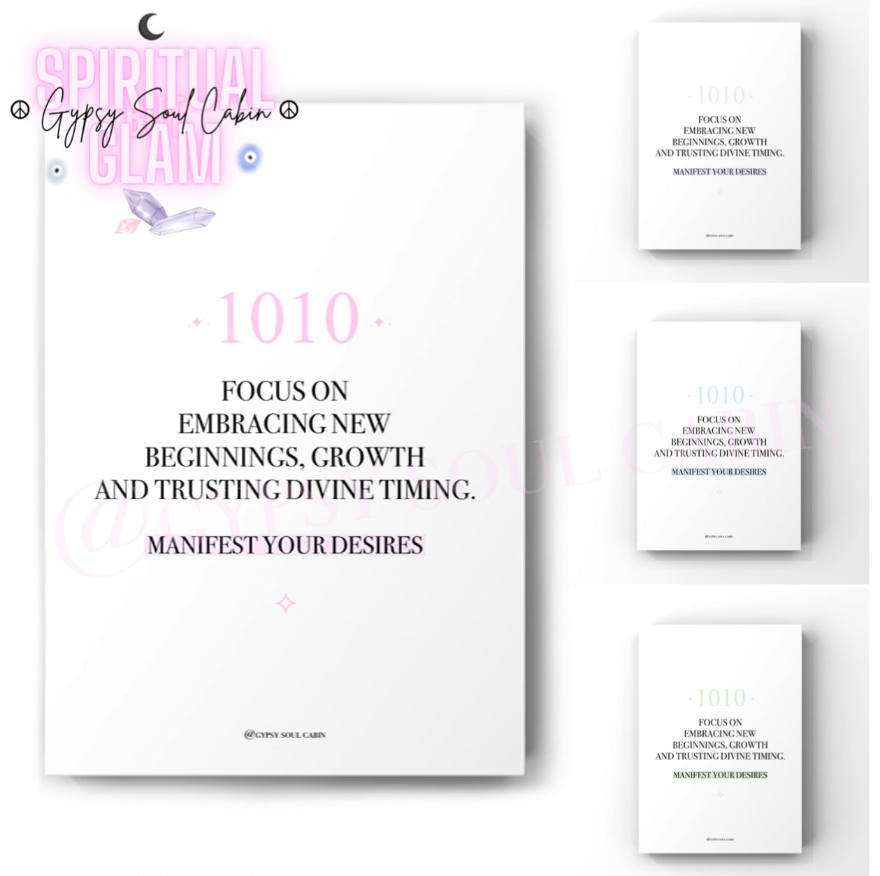 Minimalist cosmic A4 typography print displaying the daily alignment affirmation text Focus On Embracing New Beginnings, Growth And Trusting Divine Timing. Manifest Your Desires with the 1010 angel number highlighted in blocks.