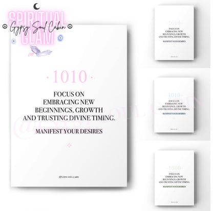 Minimalist cosmic A4 typography print displaying the daily alignment affirmation text Focus On Embracing New Beginnings, Growth And Trusting Divine Timing. Manifest Your Desires with the 1010 angel number highlighted in blocks.