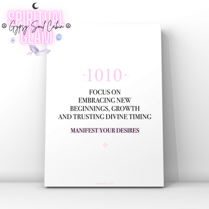Minimalist typography print featuring a pink 1010 angel number and a pastel pink background highlight behind the words Manifest Your Desires.