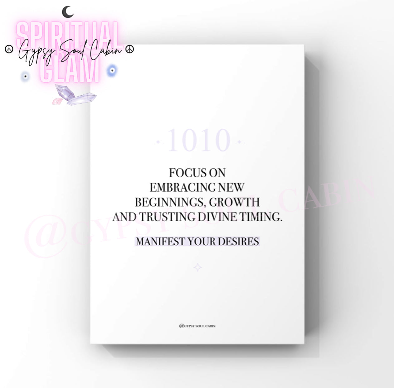 Spiritual typography poster print with a clean white background displaying the alignment number 1010 and motivational text in a pastel lilac purple colourway.