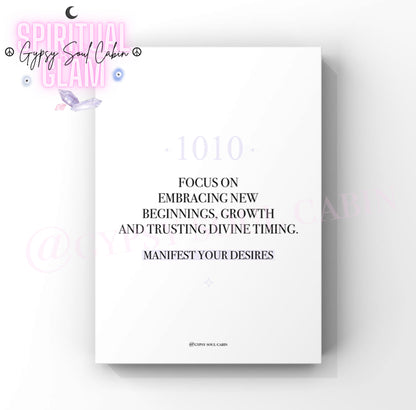 Spiritual typography poster print with a clean white background displaying the alignment number 1010 and motivational text in a pastel lilac purple colourway.