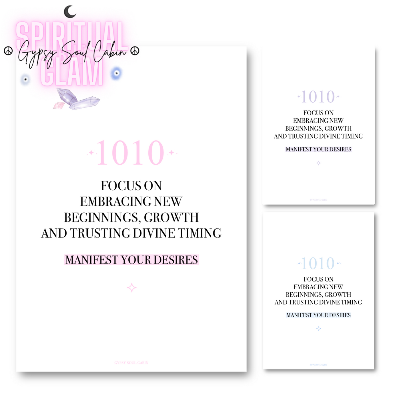 Main product preview for Gypsy Soul Cabin showing the pink highlight version of the 1010 Manifest Your Desires angel number typography print alongside alternative pastel variants.