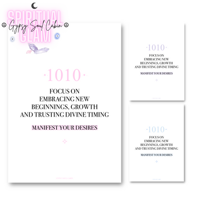 Main product preview for Gypsy Soul Cabin showing the pink highlight version of the 1010 Manifest Your Desires angel number typography print alongside alternative pastel variants.
