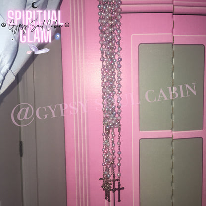 Pastel Pink, Blue, White Pearls Rosary Beads Holy Cross & Mary Charm Necklace Charm