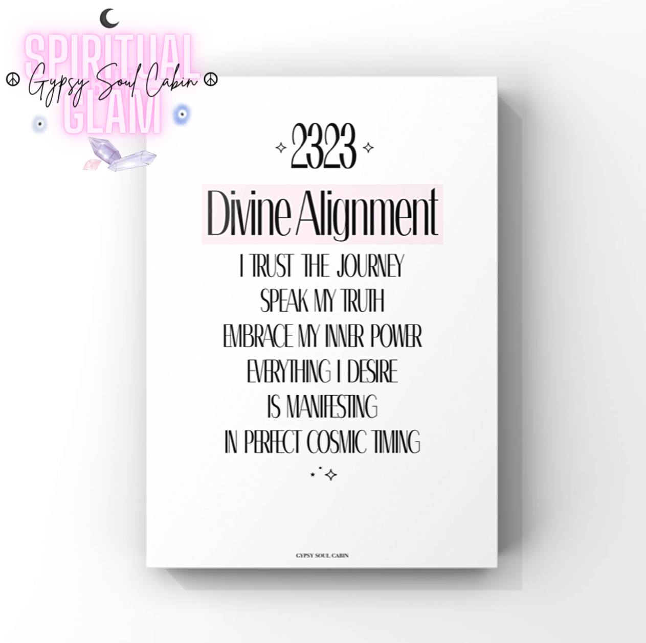 Minimalist spiritual typography print featuring angel number 2323, the text Divine Alignment, and an affirmation about trusting the cosmic journey.