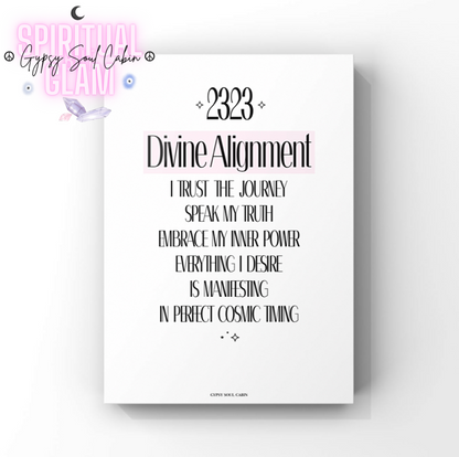 Minimalist spiritual typography print featuring angel number 2323, the text Divine Alignment, and an affirmation about trusting the cosmic journey.