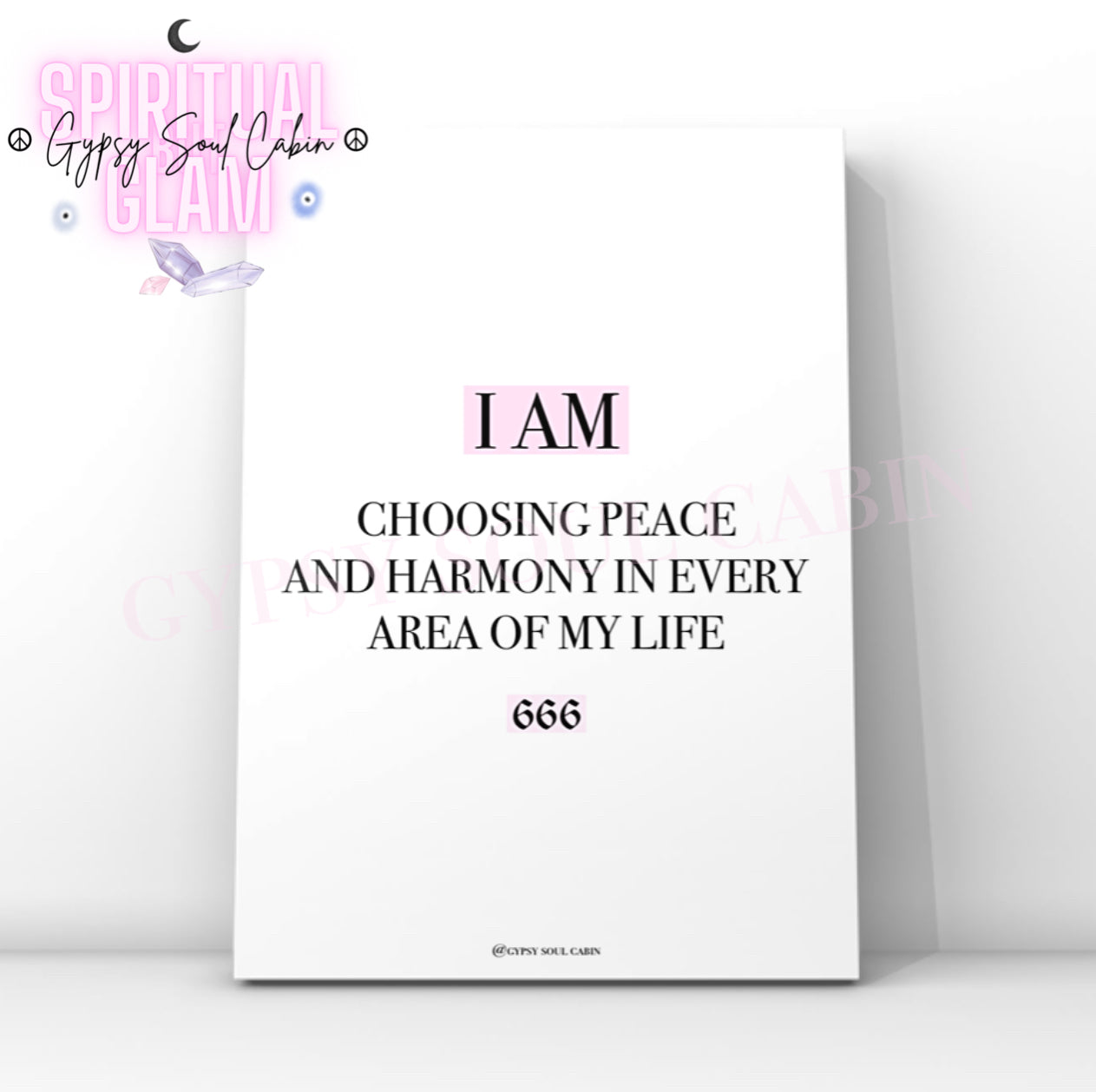 Minimalist cosmic A4 typography print displaying the daily affirmation text I Am Choosing Peace And Harmony In Every Area Of My Life with the 666 angel number highlighted in pink blocks.