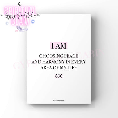 Minimalist cosmic A4 typography print displaying the daily affirmation text I Am Choosing Peace And Harmony In Every Area Of My Life with the 666 angel number highlighted in pink blocks.