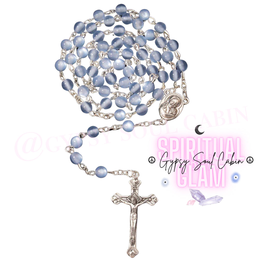 Blue Crystal Rosary Beads Holy Cross & Mary Charm Necklace Charm