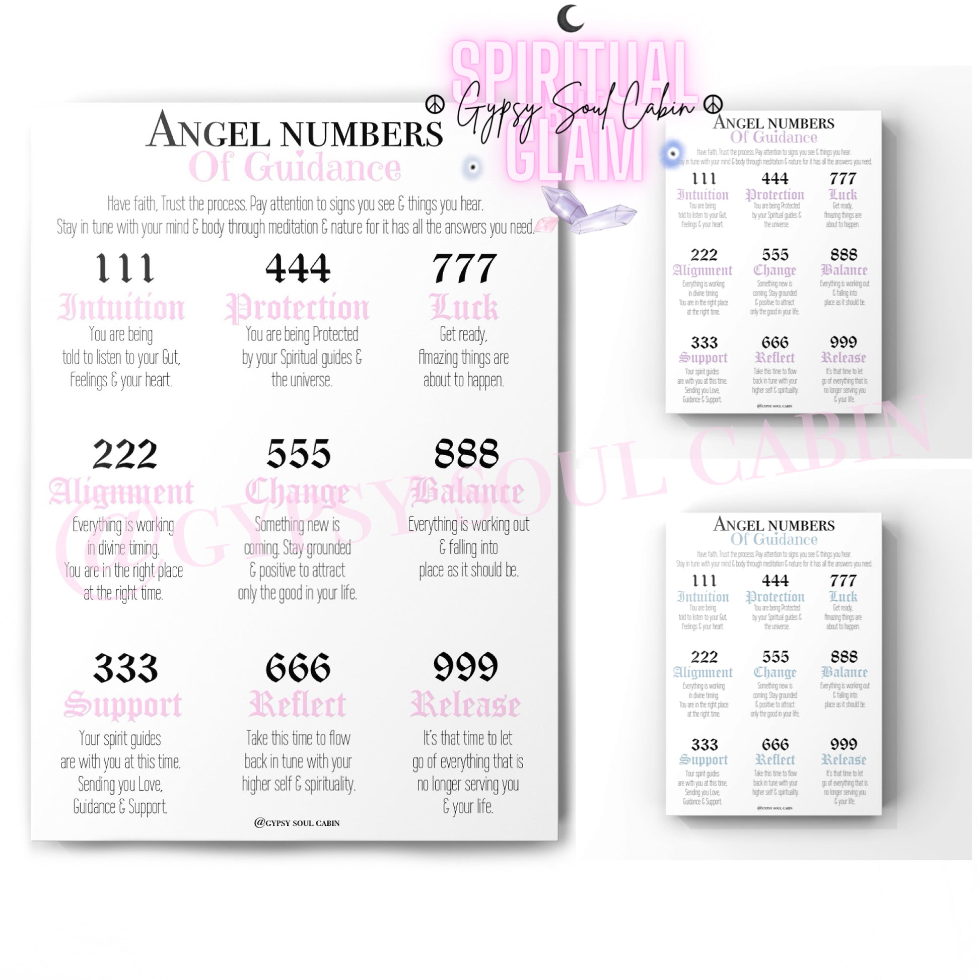 A set of three A4 prints featuring different angel numbers in pink, purple, and blue. Each print has a list of attributes associated with each number, such as '111' for inspiration and '777' for protection.