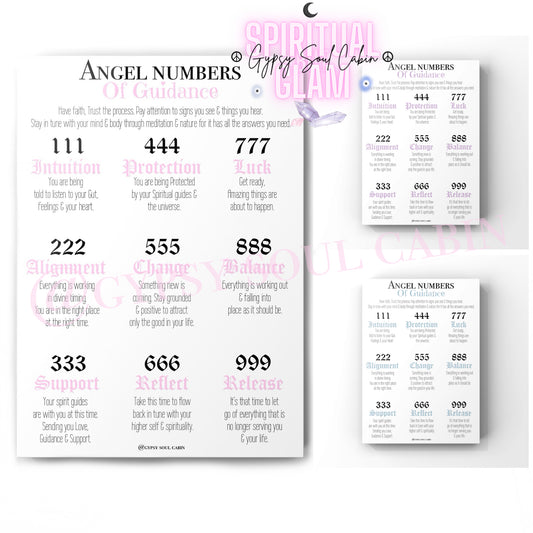 A set of three A4 prints featuring different angel numbers in pink, purple, and blue. Each print has a list of attributes associated with each number, such as '111' for inspiration and '777' for protection.
