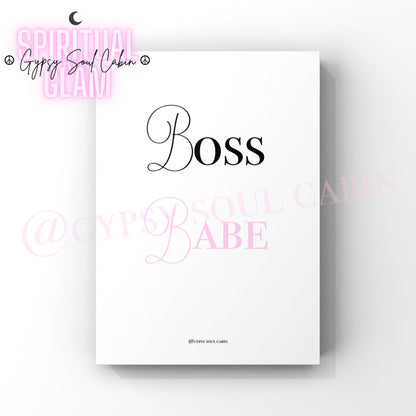A4 wall print with "Boss Babe" in bold black and pink cursive fonts, designed to inspire confidence and empowerment.