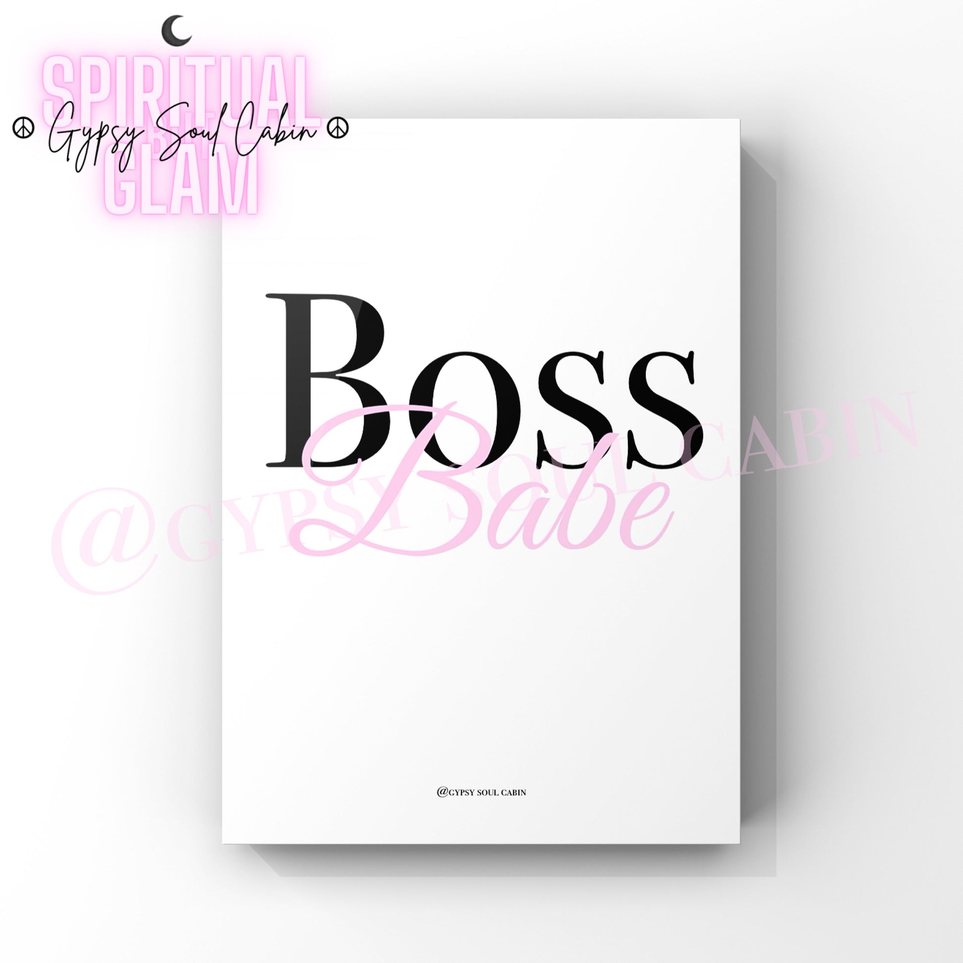 Typography print with the words 'Boss' in bold black and 'Babe' in pink script, designed as motivational wall decor.
