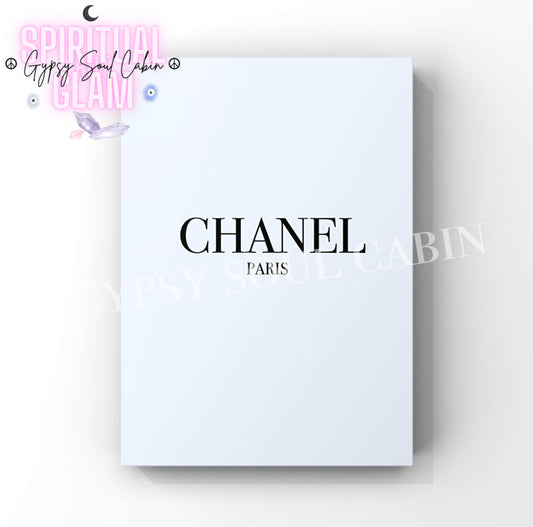 Elegant Chanel minimalist fashion art print in A4 size and pastel blue colour with black writing.