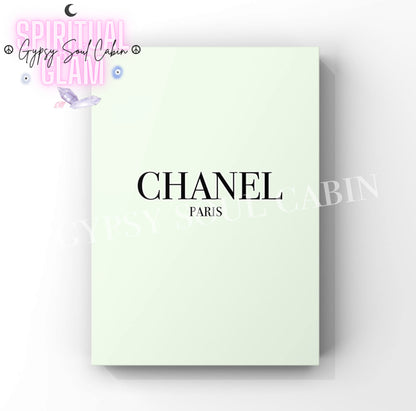 Elegant Chanel minimalist fashion art print in A4 size and pastel green colour with black writing.