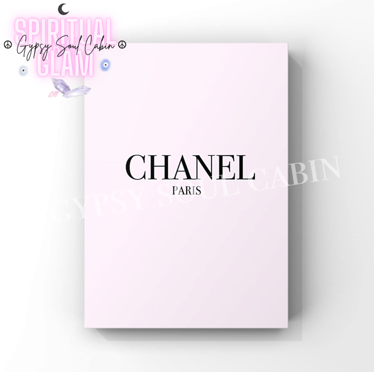 Elegant Chanel Paris minimalist fashion art print in A4 size and pastel pink colour with black writing.