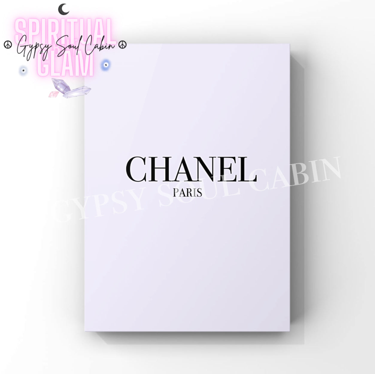 Elegant Chanel Paris minimalist fashion art print in A4 size and pastel purple colour with black writing.