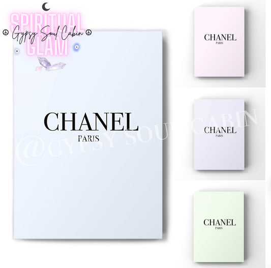 Elegant Chanel minimalist fashion and art print available in a choice of pastel pink, purple, blue, or green in A4 size.
