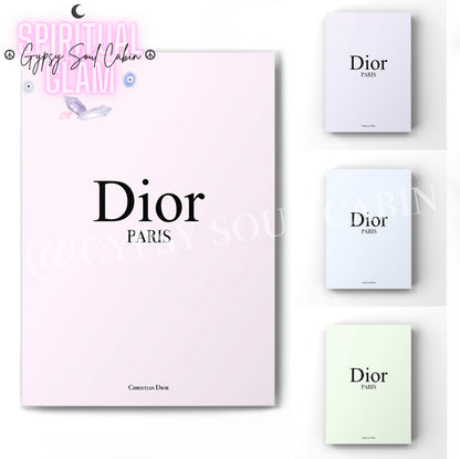 Elegant Dior Paris minimalist art print available in pastel pink, blue, purple, and green in A4 size, perfect for stylish wall decor.