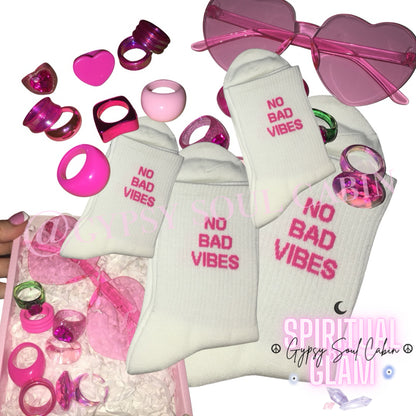 No Bad Vibes White & Pink Socks