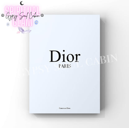 Elegant Dior Paris minimalist art print in pastel blue with black text, perfect for stylish wall decor.