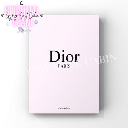Elegant Dior Paris minimalist art print in pastel pink with black text, perfect for stylish wall decor.