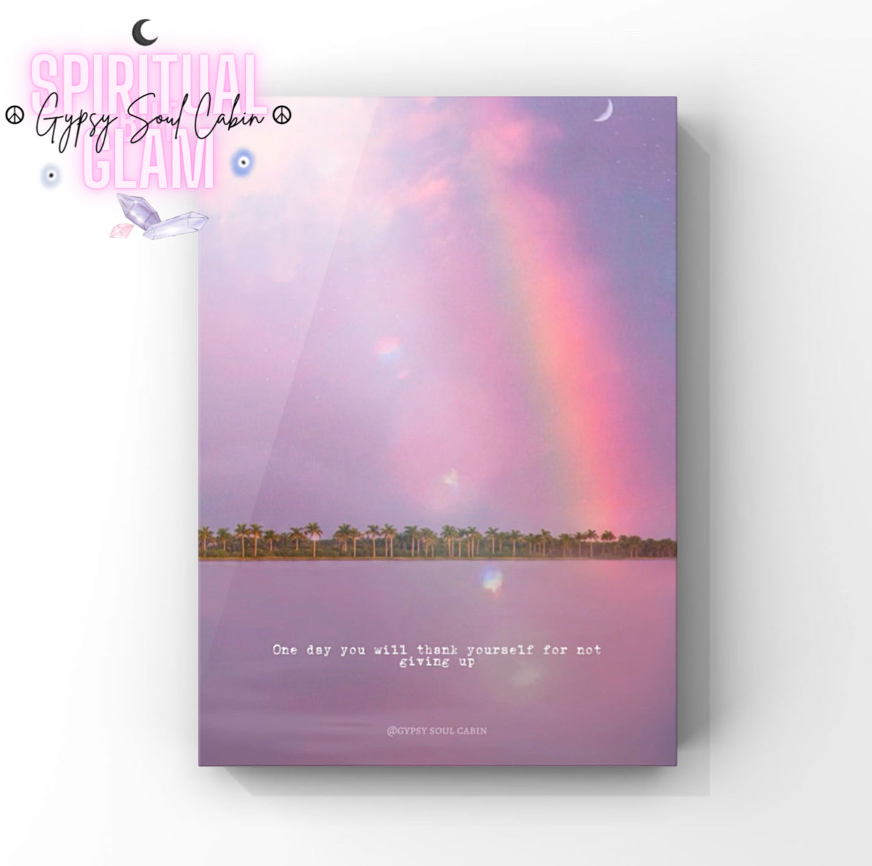 Wall print with a rainbow and palm trees on a purple aesthetic background, featuring inspirational quote.
