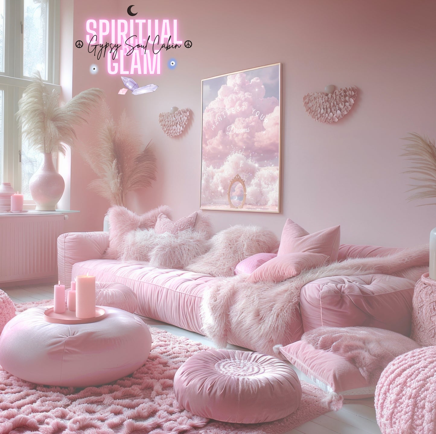 Pink themed room showcasing the inspirational dreamy aesthetic wall art.