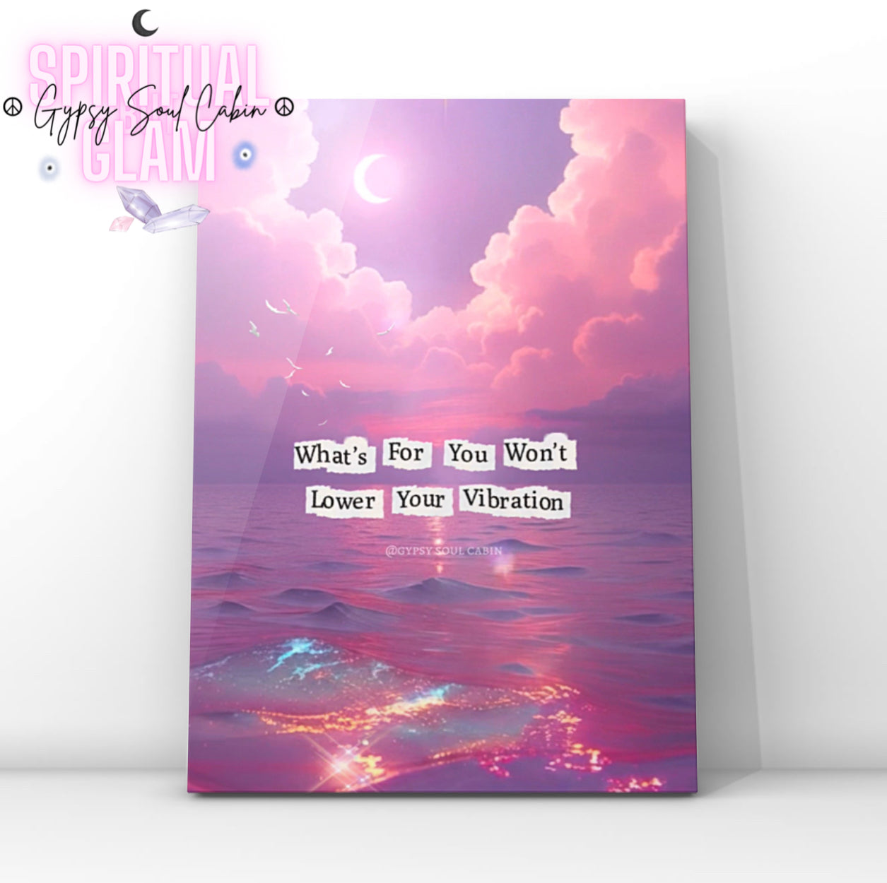 Spiritual Poster with a pink and purple sky over water, featuring motivational text, on a white background.