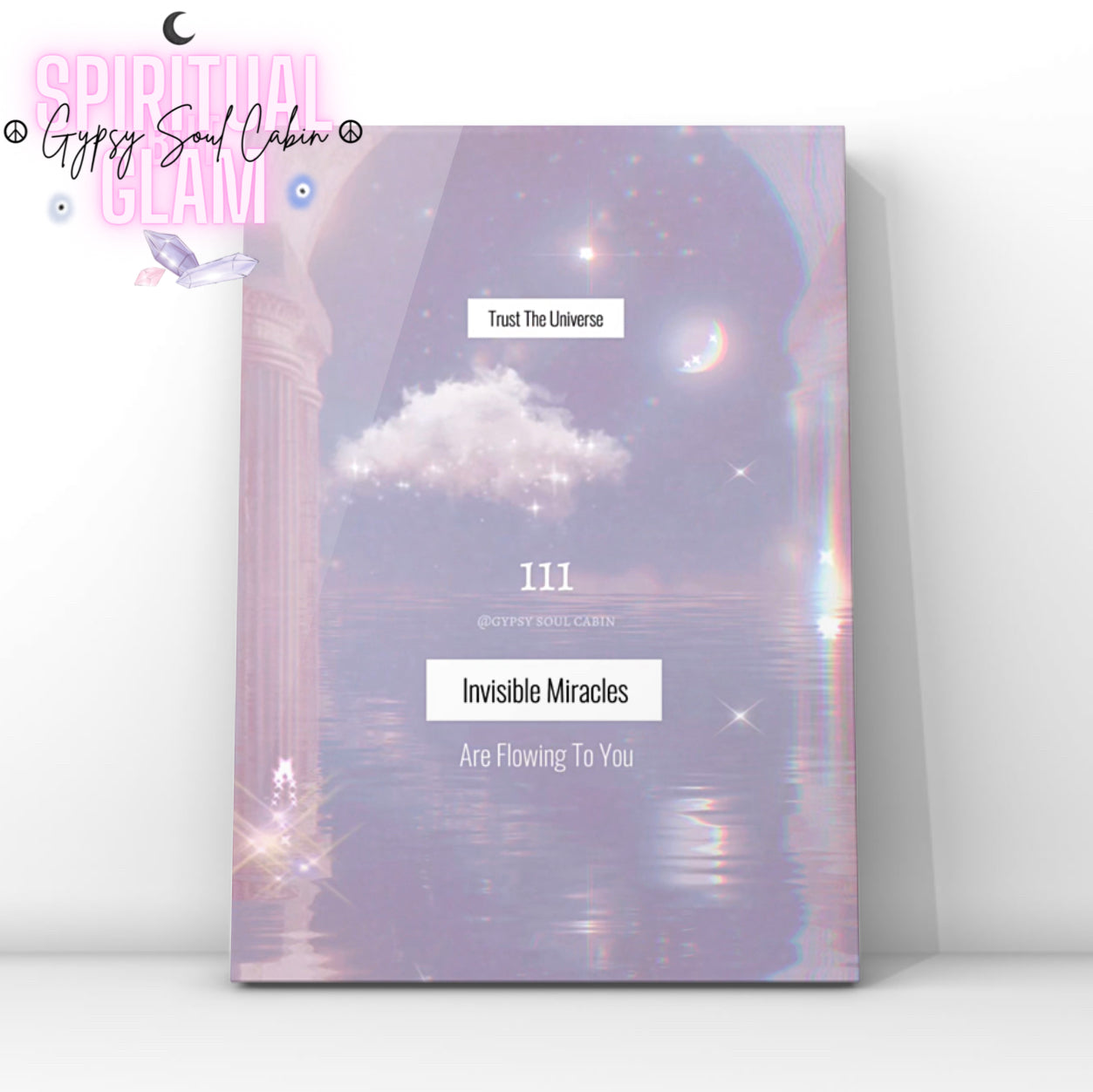 Dreamy pale blue A4 print featuring angel number 111, clouds, and mystical design with inspirational message for self-love and positive energy.