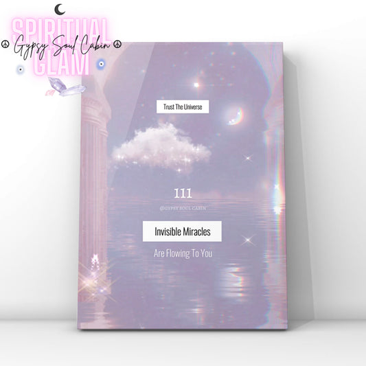 Dreamy pale blue A4 print featuring angel number 111, clouds, and mystical design with inspirational message for self-love and positive energy.