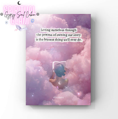 Dreamy cloud background A4 print with inspiring self-love quote and moon and star motifs, perfect for feminine motivational wall art.