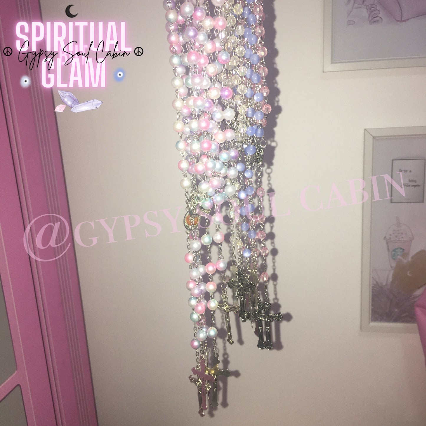 Blue Crystal Rosary Beads Holy Cross & Mary Charm Necklace Charm