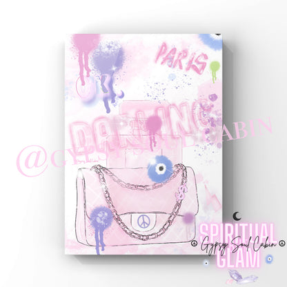 Pink graffiti art print featuring a fashion bag, perfume bottle, and travel-inspired designs, perfect for stylish decor.