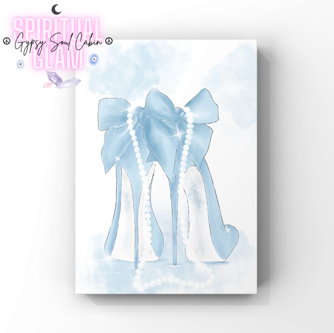 Illustration of a pair of blue fashion heels with a large bow, draped with a string of pearls, set against a light, watercolour background.