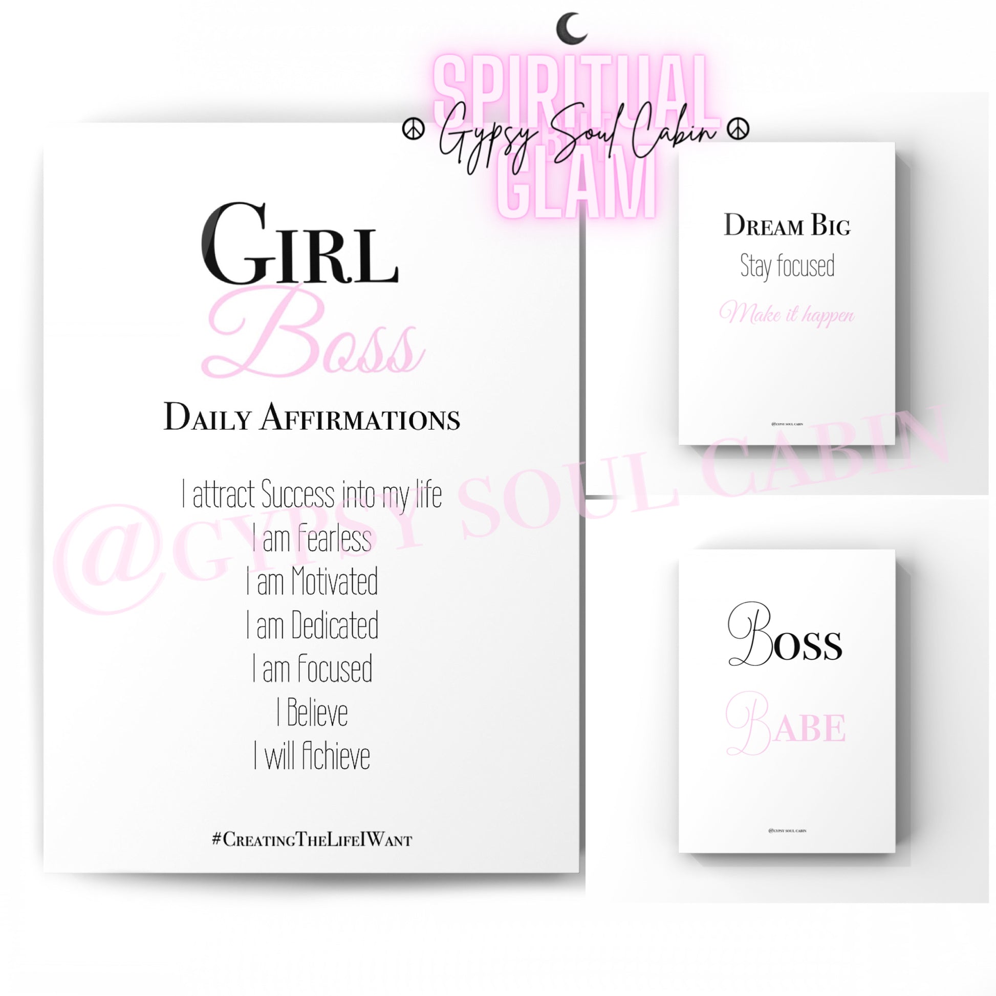 Set of three A4 wall prints featuring empowering quotes and affirmations: "Girl Boss," "Dream Big," "Stay Focused," and "Boss Babe," designed for inspiring decor.
