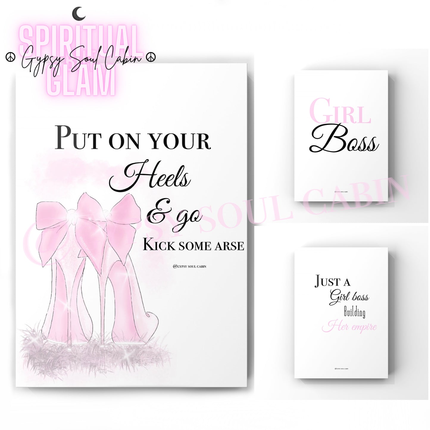Gypsy Soul Cabin 3-piece glam girl boss typography print set gallery wall featuring pink sparkly bow high heels art alongside motivational quotes including Girl Boss and Just a Girl boss Building Her empire.