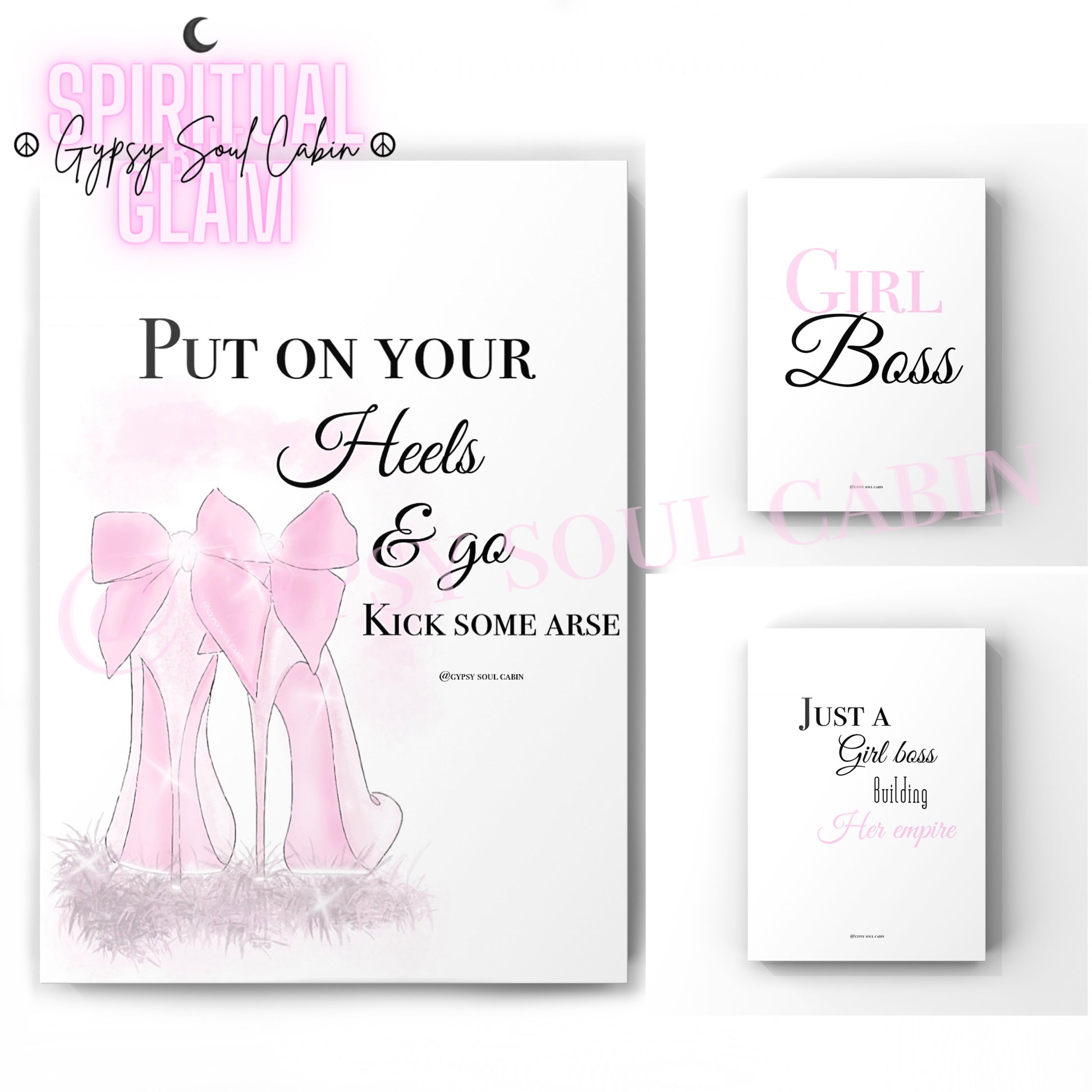 Gypsy Soul Cabin 3-piece glam girl boss typography print set gallery wall featuring pink sparkly bow high heels art alongside motivational quotes including Girl Boss and Just a Girl boss Building Her empire.