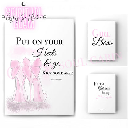 Gypsy Soul Cabin 3-piece glam girl boss typography print set gallery wall featuring pink sparkly bow high heels art alongside motivational quotes including Girl Boss and Just a Girl boss Building Her empire.