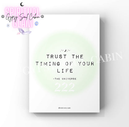 Motivational poster print with 'Trust the timing of your life' quote on a pale green and white gradient background