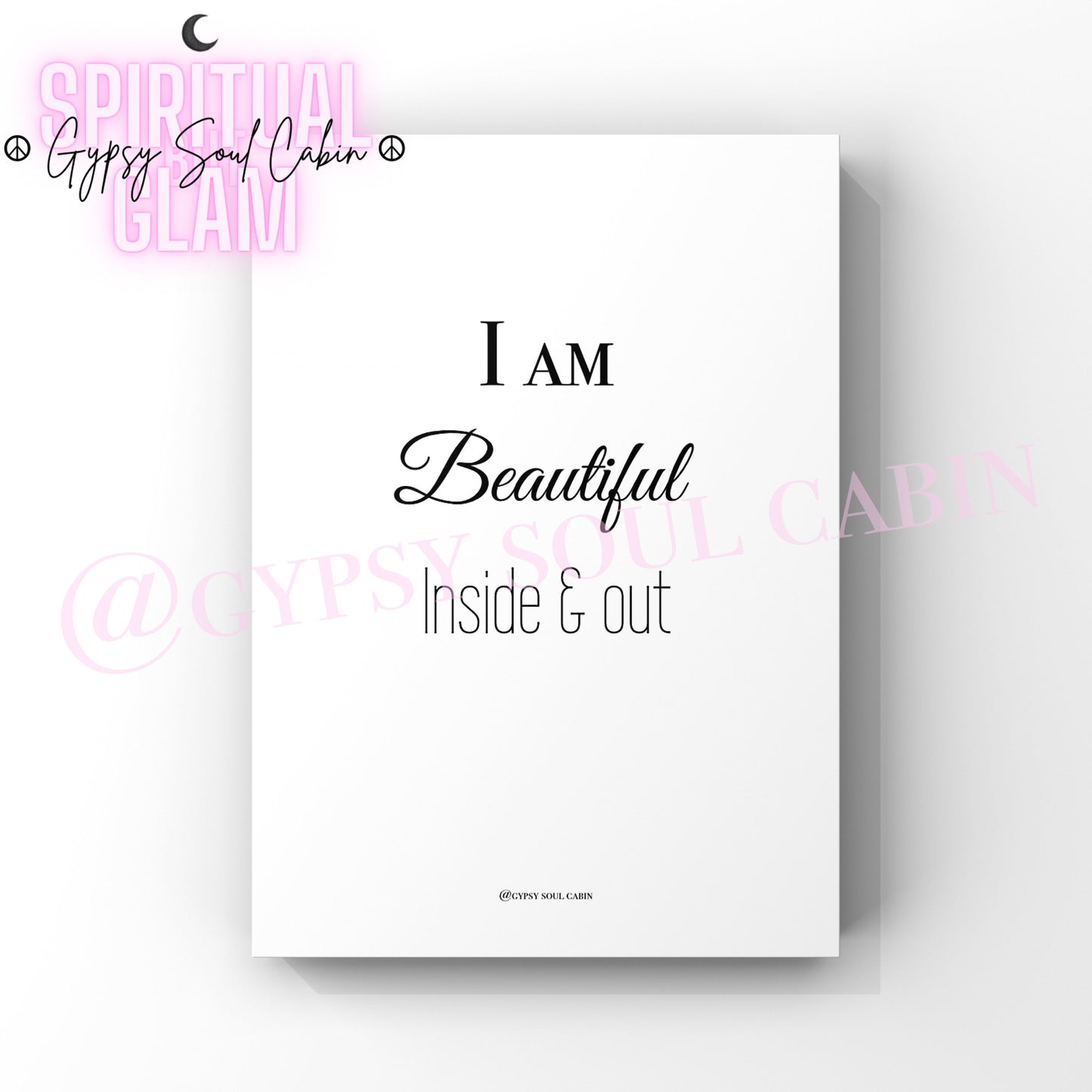 A4 size black and white quote print with the text 'I am beautiful' written in a cursive script, displayed on a white background.