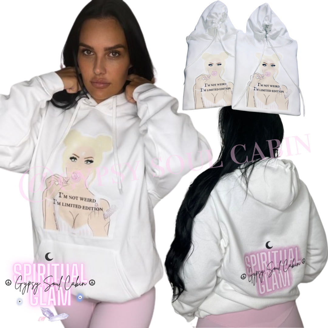 An oversized white hoodie with front pocket featuring artwork of a female figure on the front and a logo on the back.