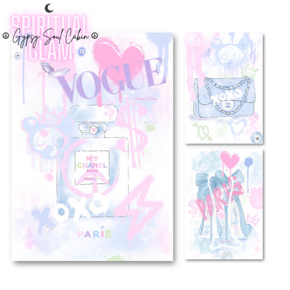 Set of three A4 prints featuring graffiti-style luxury fashion icons, including a Chanel handbag, perfume bottle, and chic heels with Vogue, Paris, and Chanel branding.