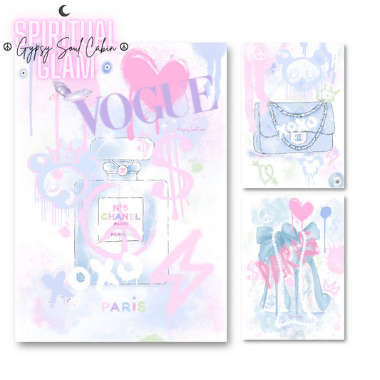 Set of three A4 prints featuring graffiti-style luxury fashion icons, including a Chanel handbag, perfume bottle, and chic heels with Vogue, Paris, and Chanel branding.